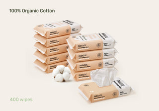 Stack of Parasol brand 100% organic cotton wipes on a light background
