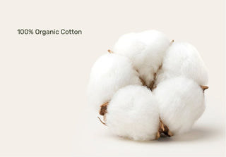 Bunch of white cotton with '100% Organic Cotton' text on a light background
