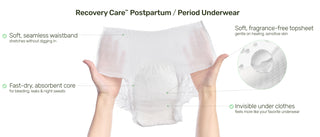 A pair of white recovery care postpartum and period underwear held up by two hands against a white background, with callout text and an inset showing the soft, breathable topsheet and absorbent core.
