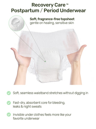 A postpartum/period underwear shown on a white background with a circular inset of the soft topsheet and text describing recovery care benefits. Human hands are visible holding the underwear, so this is classified as Lifestyle rather than Product/Packaging.
