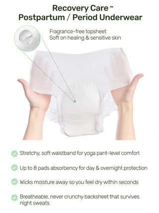 Recovery care postpartum/period underwear with features highlighted on a white background
