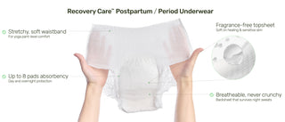 Recovery Care postpartum/period underwear with features highlighted
