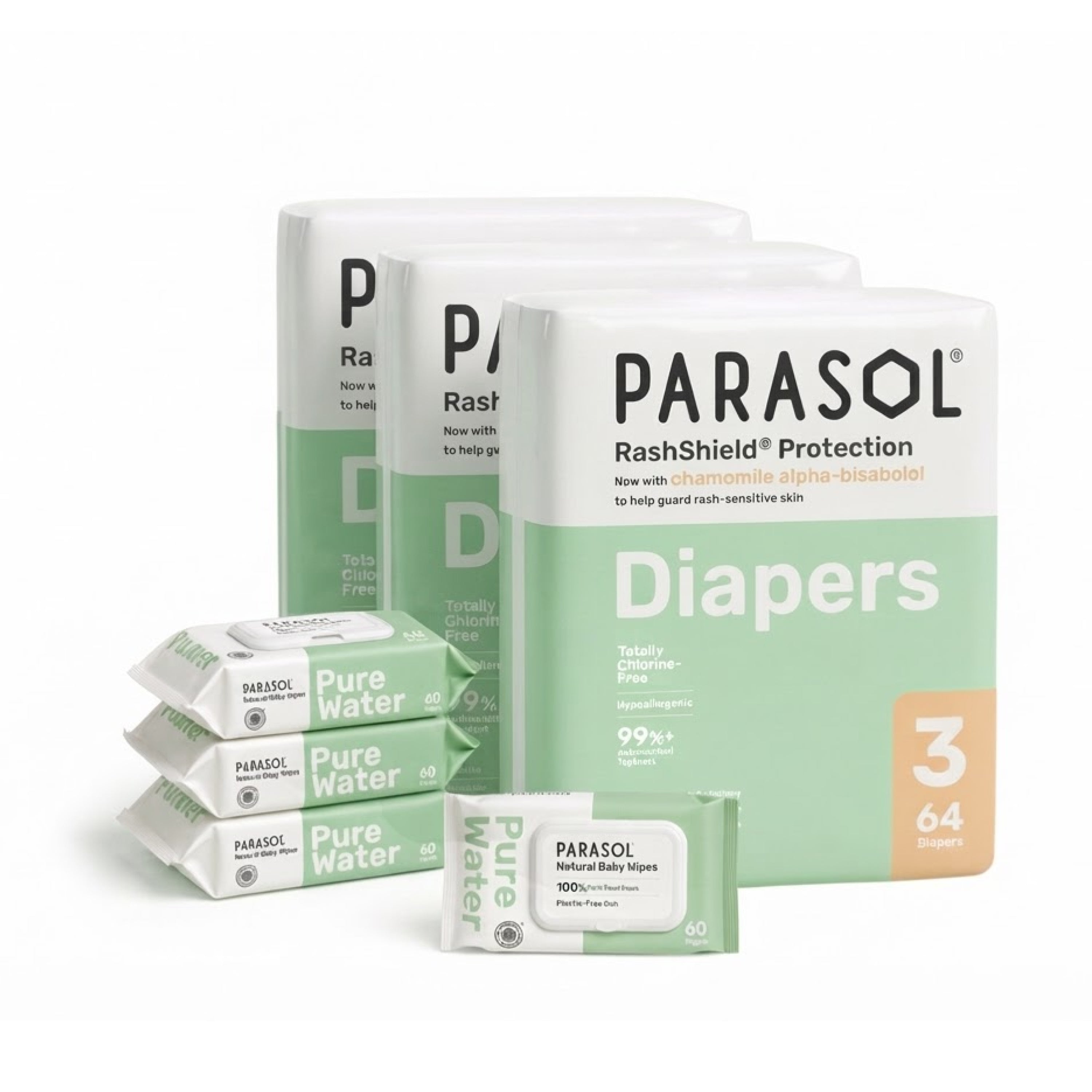 Three boxes of Parasol Diapers size 3 and three packs of Pure Water baby wipes arranged together on a white background.
