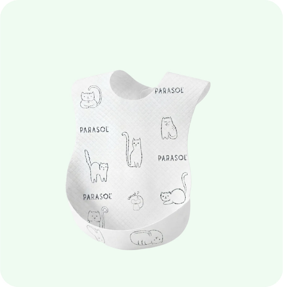 White bib with black cat illustrations and 'Parasol' text on a white background