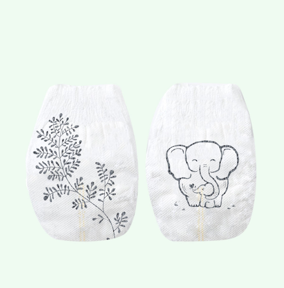 Two baby diapers with floral and elephant designs on a light green background