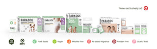 Parasol baby products packaging with branding and product details on a white background
