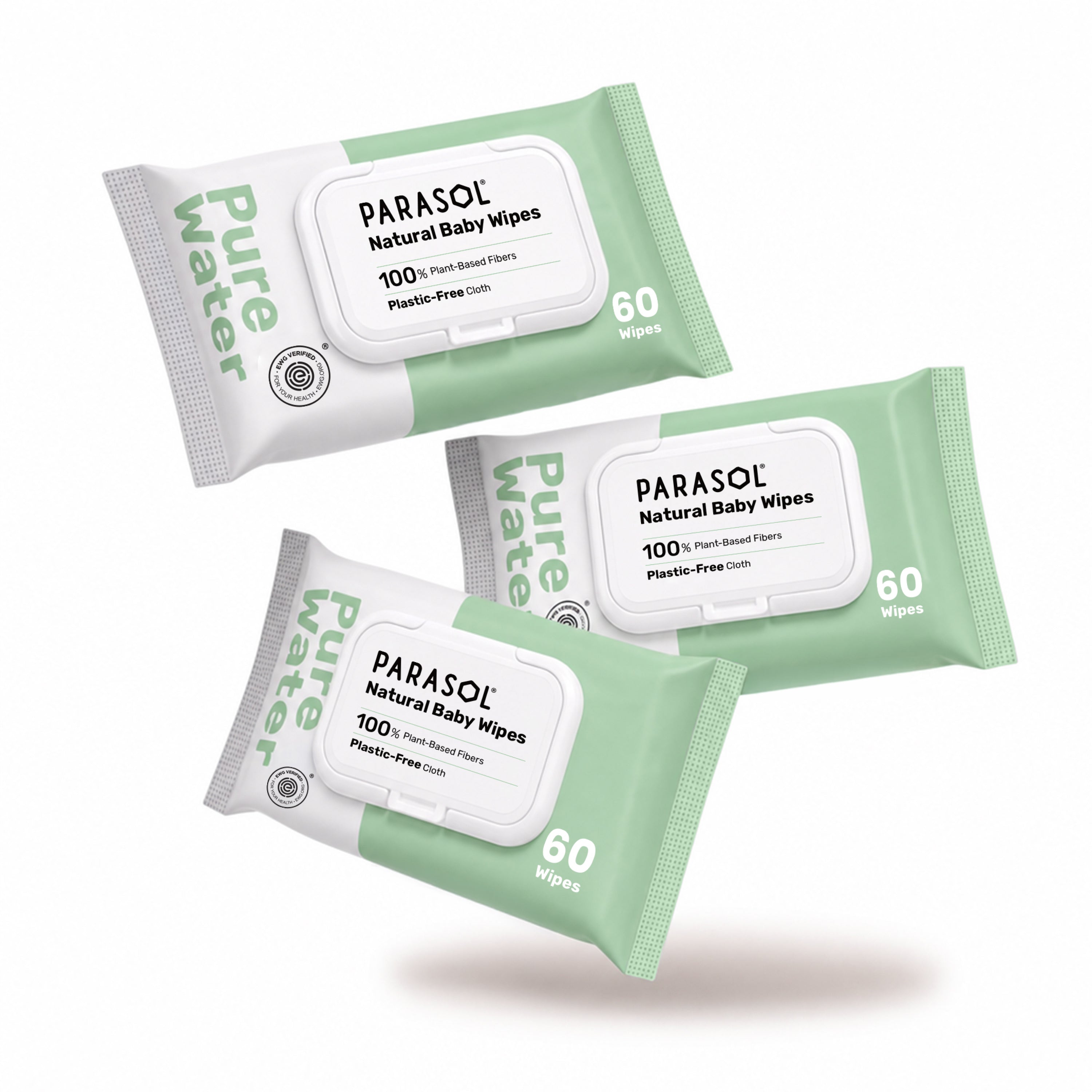 Three packs of Parasol Pure Water Natural Baby Wipes floating on a white background, showing the mint green and white packaging with 60 wipes each.