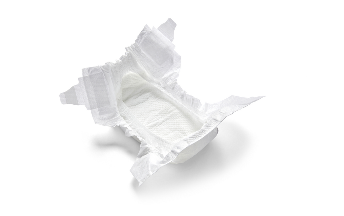 A single white disposable diaper shown on a clean white background with a soft shadow underneath.