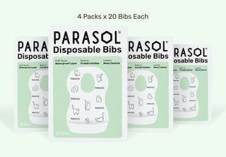 Four packs of Parasol disposable bibs on a white background
