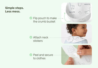 Instructions for using a disposable bibs with images of a child
