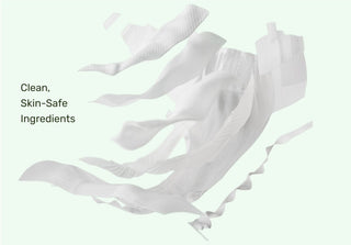 White diaper layers on a light gray background with text 'Clean, Skin-Safe Ingredients'.
