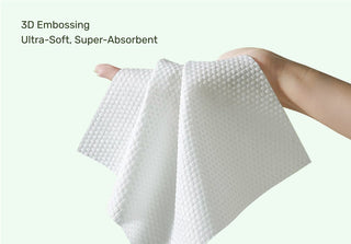 White textured wipe held by a hand with text '3D Embossing', 'Ultra-Soft', and 'Super-Absorbent' on a light green background.
