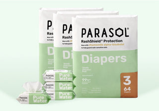 Parasol RashShield Protection Diapers packaging with Pure Water wipes on a light green background
