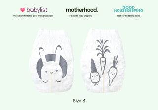 Two baby diapers with cartoon designs on a light green background, featuring awards from Babylist, Motherhood, and Good Housekeeping.
