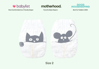 Two baby diapers with animal designs on a light green background, featuring awards from Babylist, Motherhood, and Good Housekeeping.
