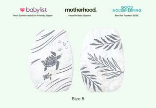 Two baby diapers with turtle and leaf designs on a light green background, featuring awards from Babylist, Motherhood, and Good Housekeeping.
