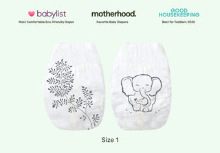 Two baby diapers with tree and elephant designs on a white background, featuring awards from Babylist, Motherhood, and Good Housekeeping.