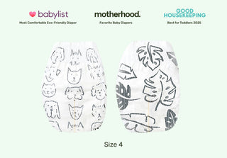 Two baby diapers with animal and leaf patterns on a white background, featuring awards from Babylist, Motherhood, and Good Housekeeping.

